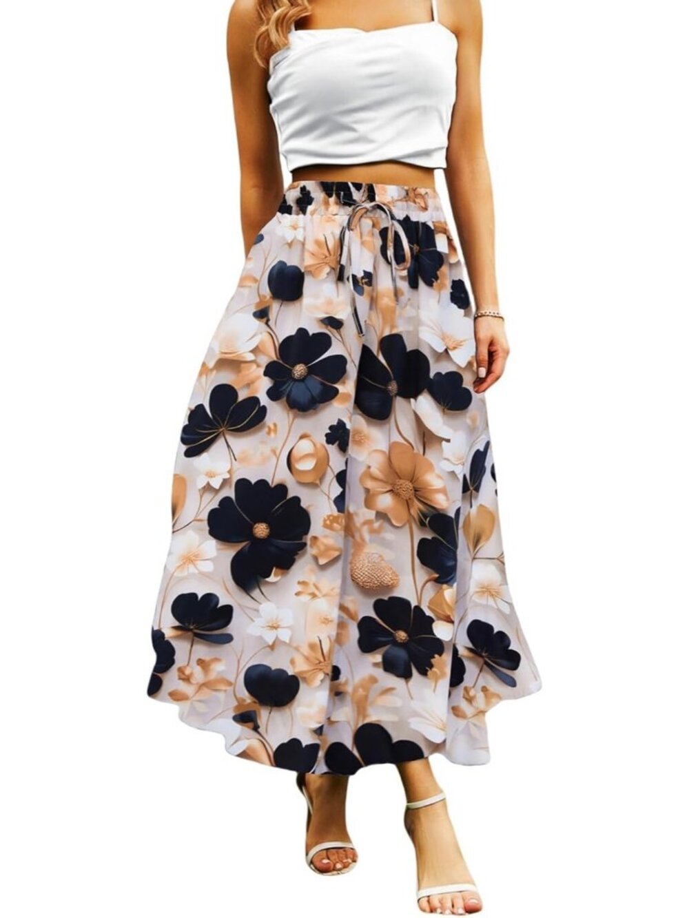 Women Black/Gold Floral Boho High Waisted Flowy Elastic Waist Pocket Midi Skirt